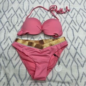 NEW the bikini lab pink 2 piece swimsuit padded underwire cup halter gold band